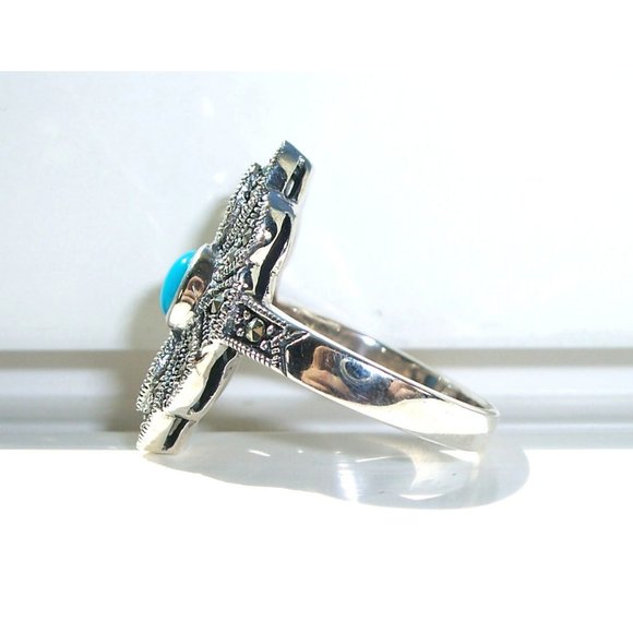 925 STERLING SILVER Simulated Turquoise Marcasite Ring - Picture 8 of 15